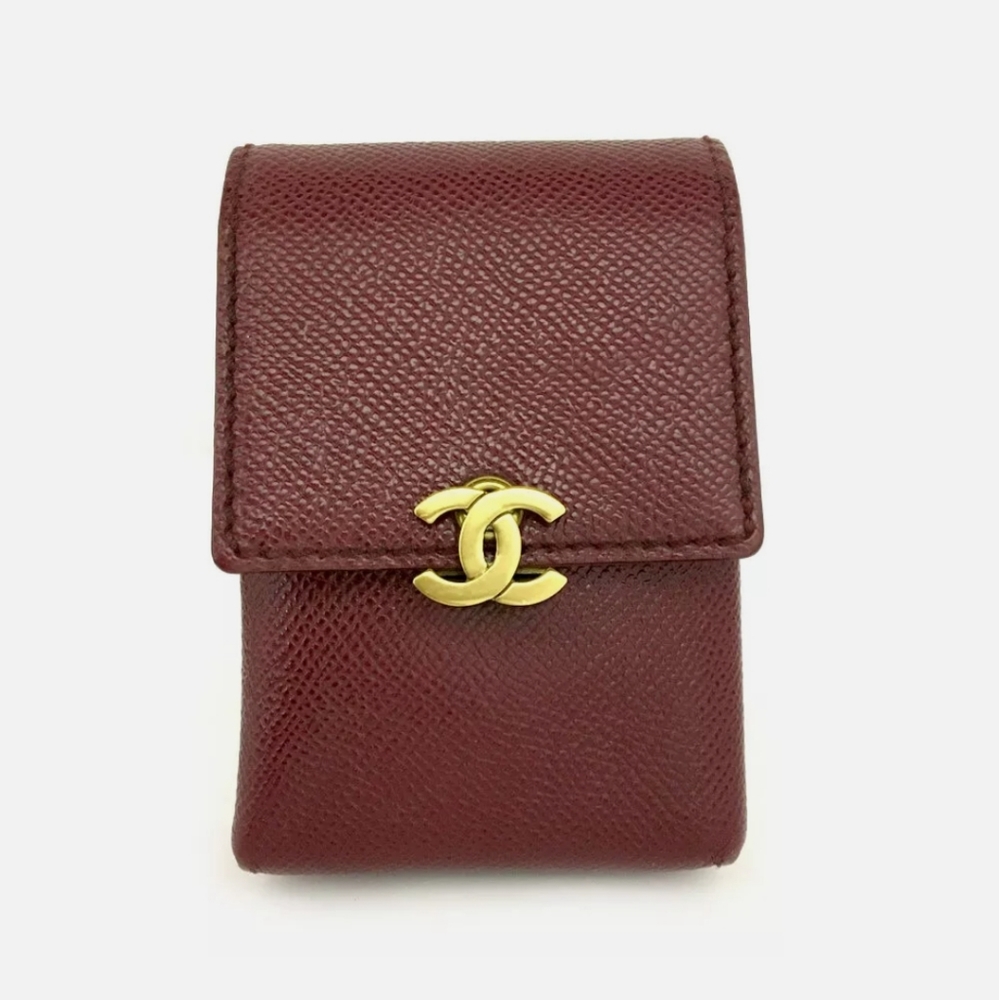 CHANEL CC LOGO BORDEAUX CAVIAR SKIN CIGARETTE TOBACCO CASE/F0283